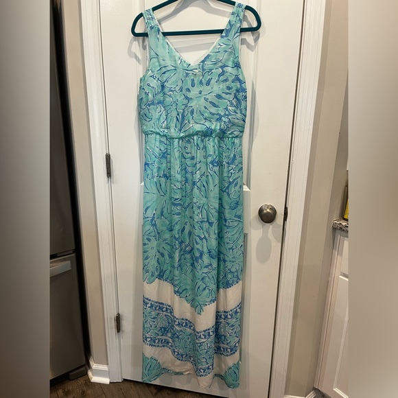 Vineyard Vines Palm Leaf Scarf Print Silk Maxi Dress Size 4 Turquoise Aqua Blue - Picture 4 of 11